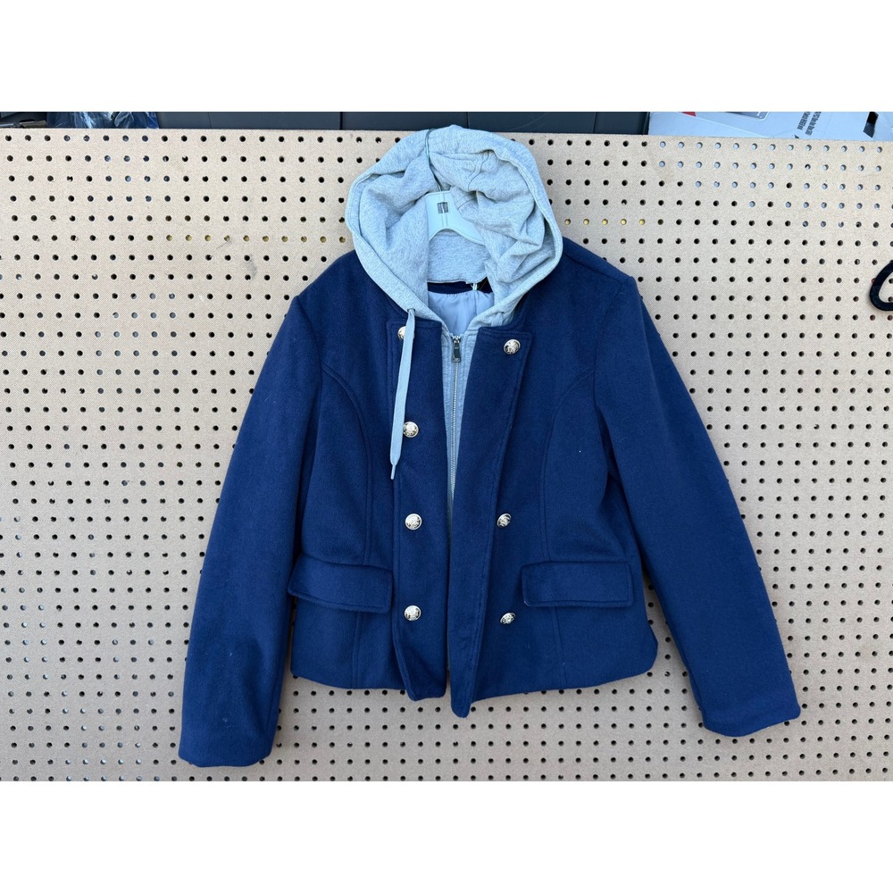 Maeve Anthropologie Navy Blue Military Jacket Grey Layered Hood Crest Buttons M